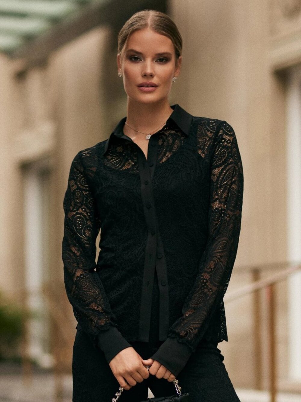 Melanie Lyne For The Love of Lace black sheer blouse collared long sleeve Sz M